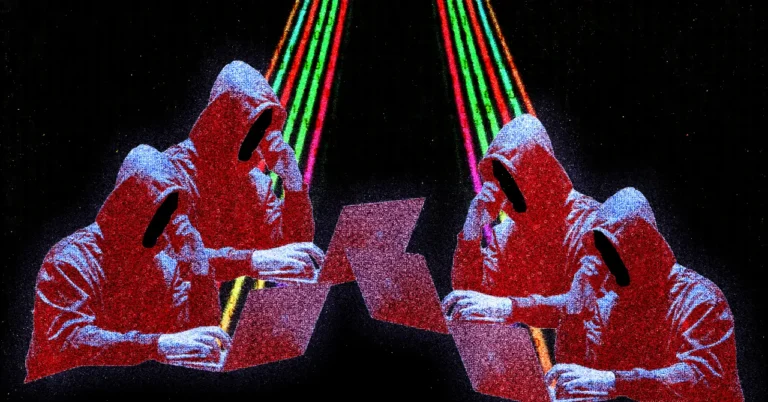 Four hooded figures at laptops with colorful beams emanating from the screens, set against a dark background.