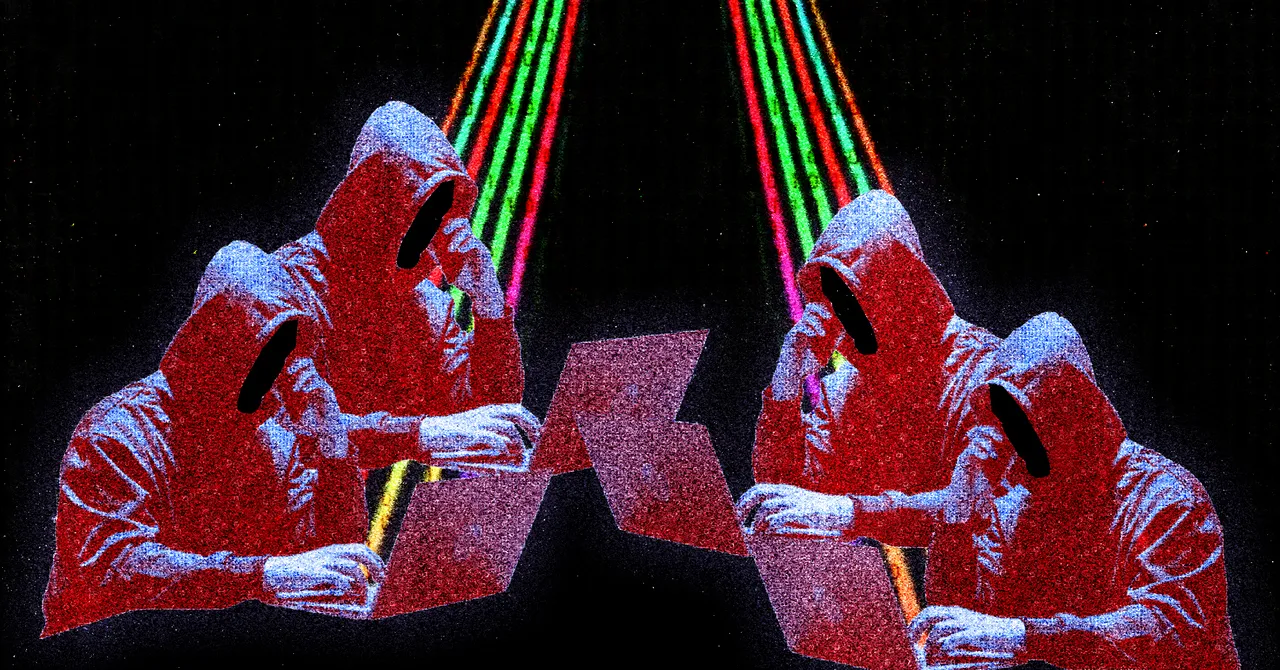 Four hooded figures at laptops with colorful beams emanating from the screens, set against a dark background.