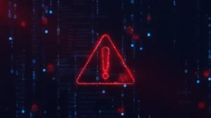 Red warning triangle with exclamation mark amid binary code on dark background.