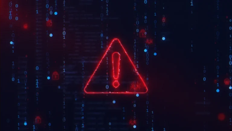 Red warning triangle with exclamation mark amid binary code on dark background.