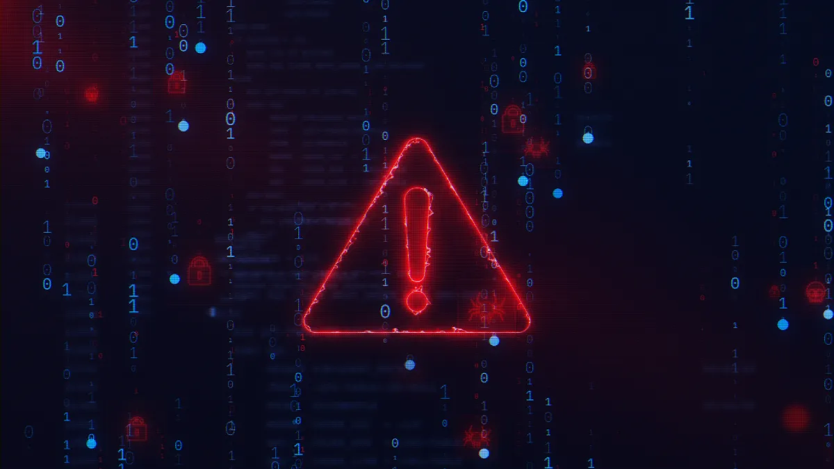 Red warning triangle with exclamation mark amid binary code on dark background.