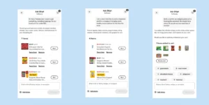 Three screenshots of Shipt app showing AI-generated shopping lists for taco night, classroom snacks, and a tailgate party.