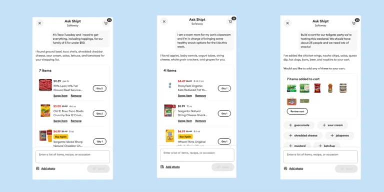 Three screenshots of Shipt app showing AI-generated shopping lists for taco night, classroom snacks, and a tailgate party.