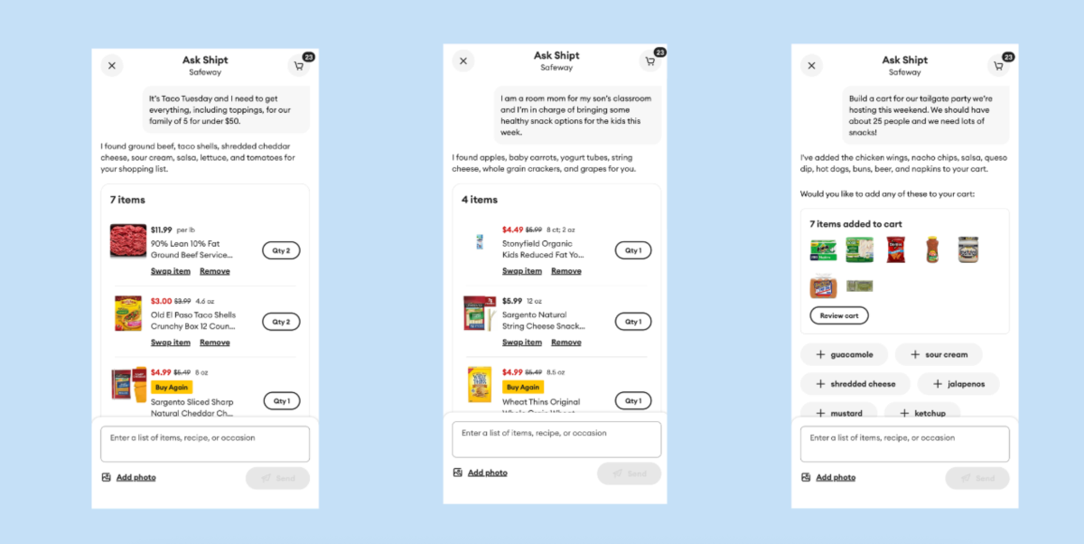 Three screenshots of Shipt app showing AI-generated shopping lists for taco night, classroom snacks, and a tailgate party.