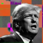Man in suit with abstract digital background, featuring binary code and pixelated patterns in orange, purple, and green.