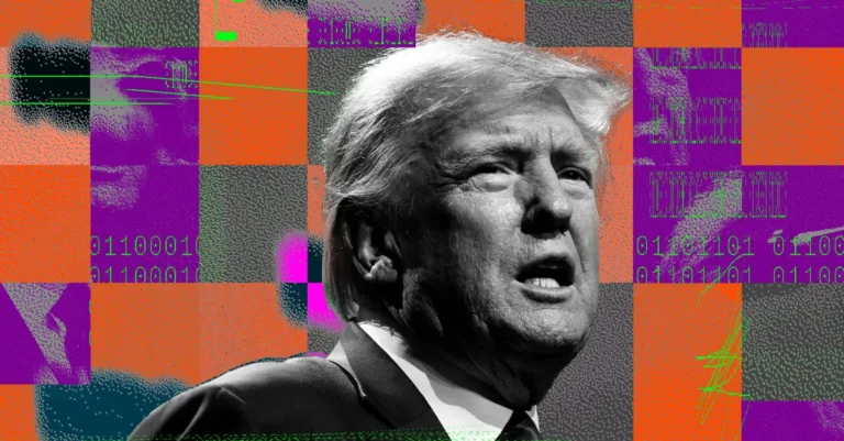 Man in suit with abstract digital background, featuring binary code and pixelated patterns in orange, purple, and green.