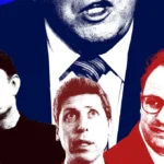 Four stylized portraits of men, each with a distinct expression, on a blue and red background.
