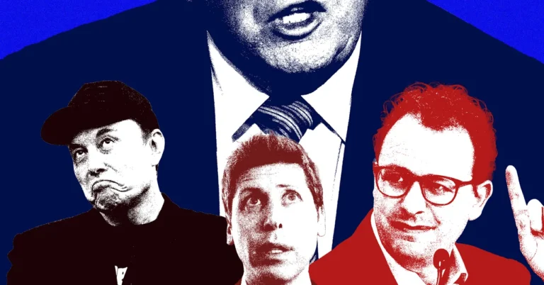 Four stylized portraits of men, each with a distinct expression, on a blue and red background.