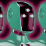 Three futuristic robots with glowing eye symbols on their faces, set against a magenta background.