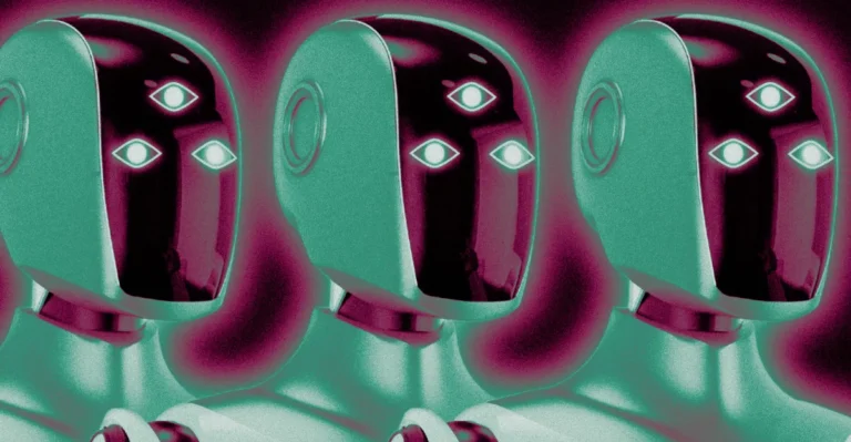 Three futuristic robots with glowing eye symbols on their faces, set against a magenta background.