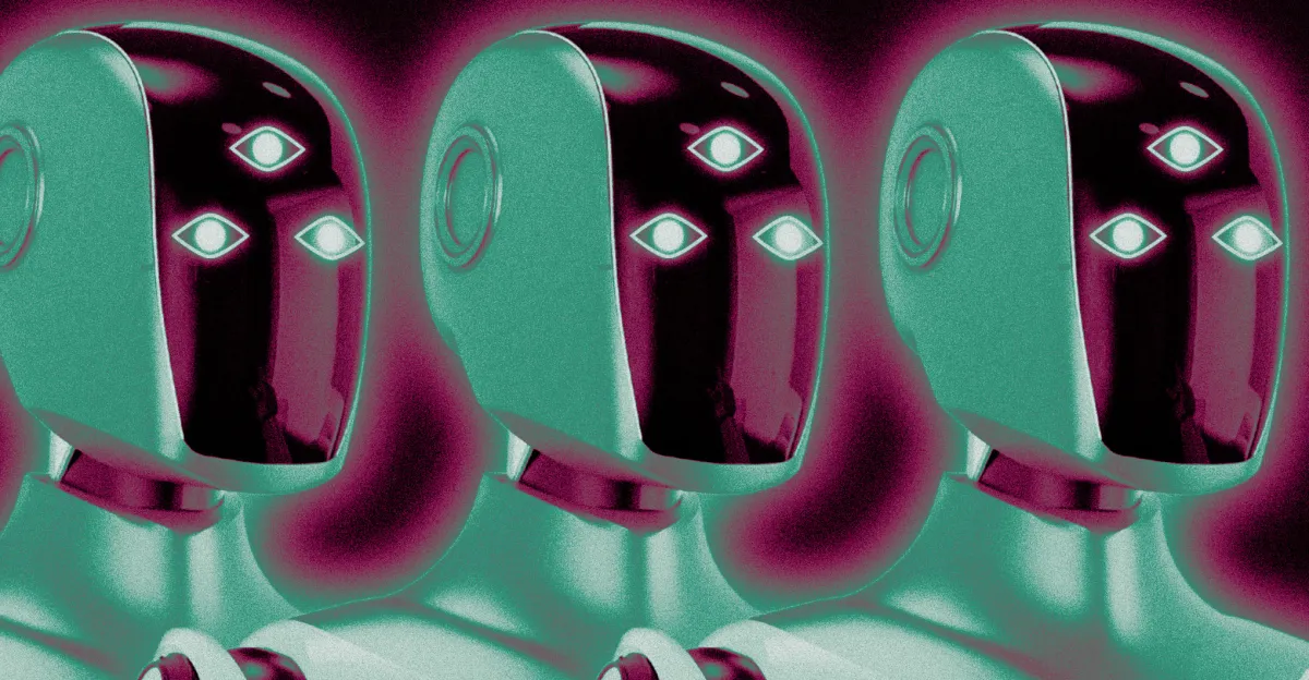 Three futuristic robots with glowing eye symbols on their faces, set against a magenta background.