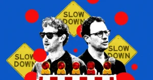Two men in sunglasses with "Slow Down" signs, barricade lights, red dots on blue background.