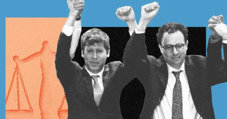 Two men in suits raising fists, silhouette of scales in the background, blue and peach color blocks.