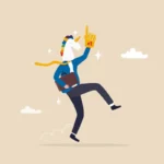 A unicorn-headed figure in business attire, holding a briefcase, jumping with a foam finger labeled "#1".