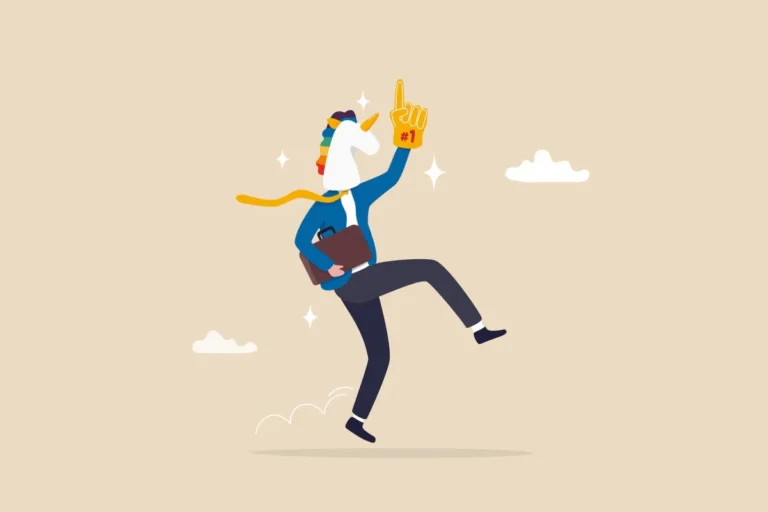 A unicorn-headed figure in business attire, holding a briefcase, jumping with a foam finger labeled "#1".