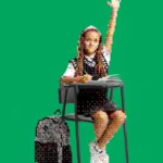 Student in uniform sitting at a desk with a raised hand, open book, and backpack on a green background.