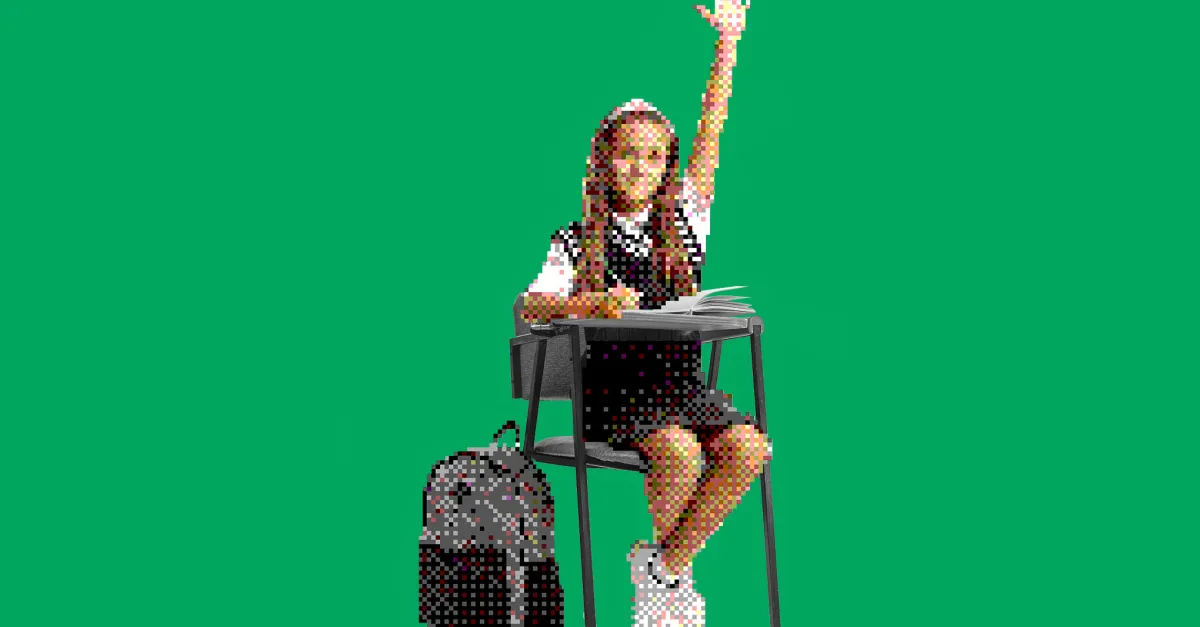 Student in uniform sitting at a desk with a raised hand, open book, and backpack on a green background.