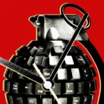 Grenade composed of black keyboard keys with clock hands on a red background.