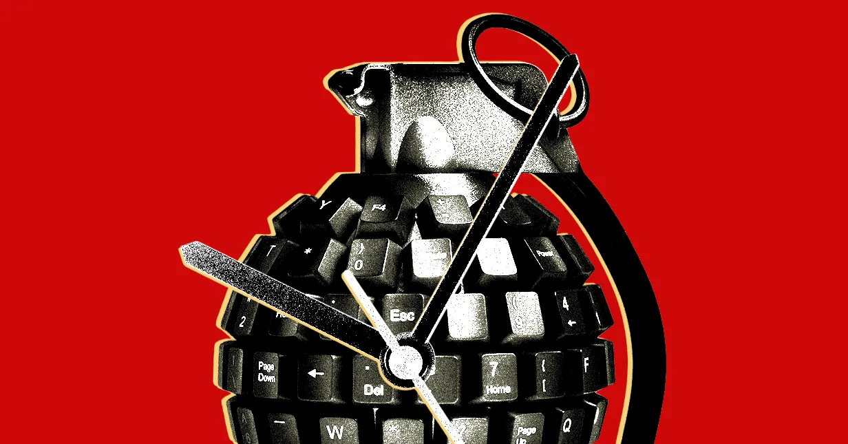 Grenade composed of black keyboard keys with clock hands on a red background.