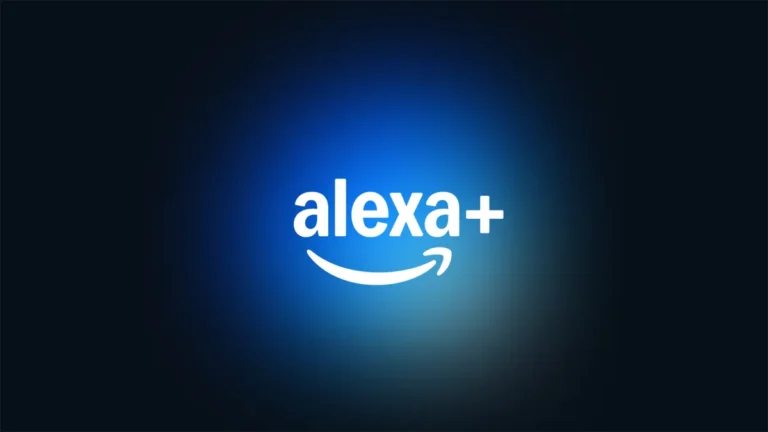 Alexa+ logo with Amazon arrow on a blue gradient background