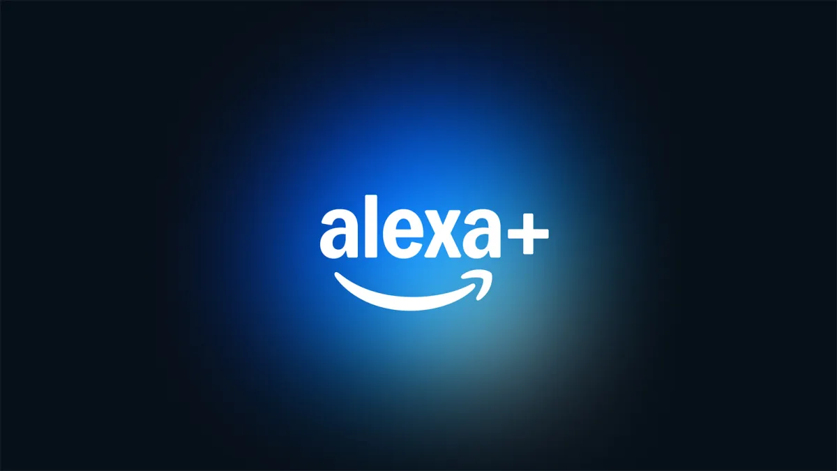 Alexa+ logo with Amazon arrow on a blue gradient background