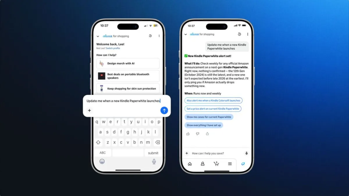 Two smartphones display Alexa shopping interface with alerts for Kindle Paperwhite launches on a blue background.