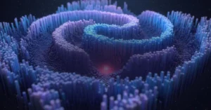 Abstract 3D structure with blue and purple vertical pillars forming a spiral pattern, central red glow, dark background.
