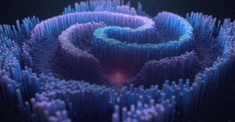Abstract 3D structure with blue and purple vertical pillars forming a spiral pattern, central red glow, dark background.