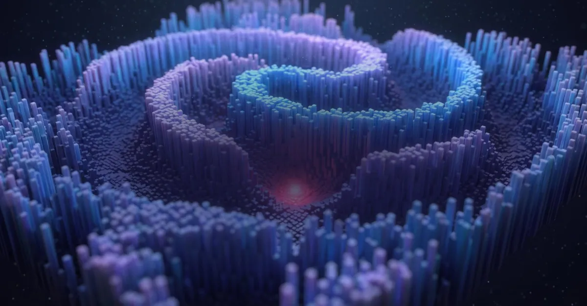 Abstract 3D structure with blue and purple vertical pillars forming a spiral pattern, central red glow, dark background.