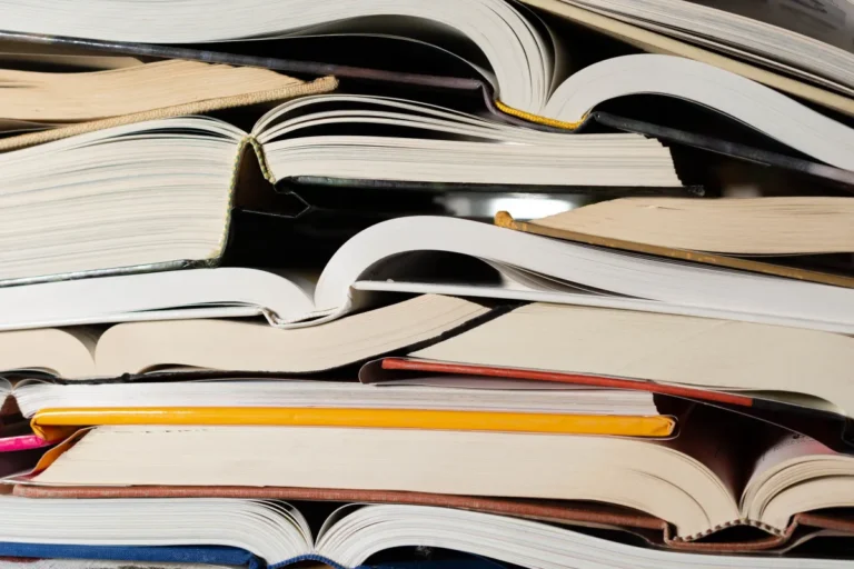 Stack of open and closed books with visible spines and pages, some books overlapping, a yellow pencil among them.