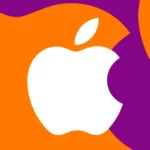 White Apple logo on an abstract orange and purple background.