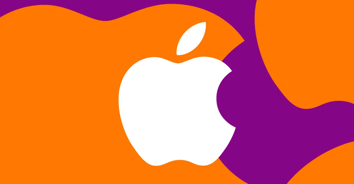 White Apple logo on an abstract orange and purple background.