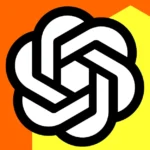 Black and white geometric logo on an orange and yellow background.