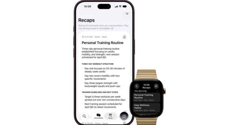 Smartphone and smartwatch display a "Personal Training Routine" under "Recaps"; workout details and schedule visible on bo...
