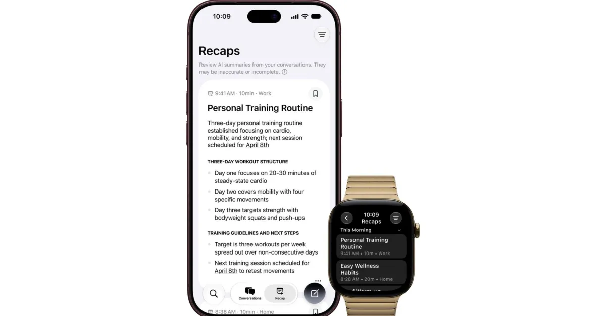 Smartphone and smartwatch display a "Personal Training Routine" under "Recaps"; workout details and schedule visible on bo...