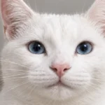 White cat with blue eyes staring directly at the camera against a neutral background.