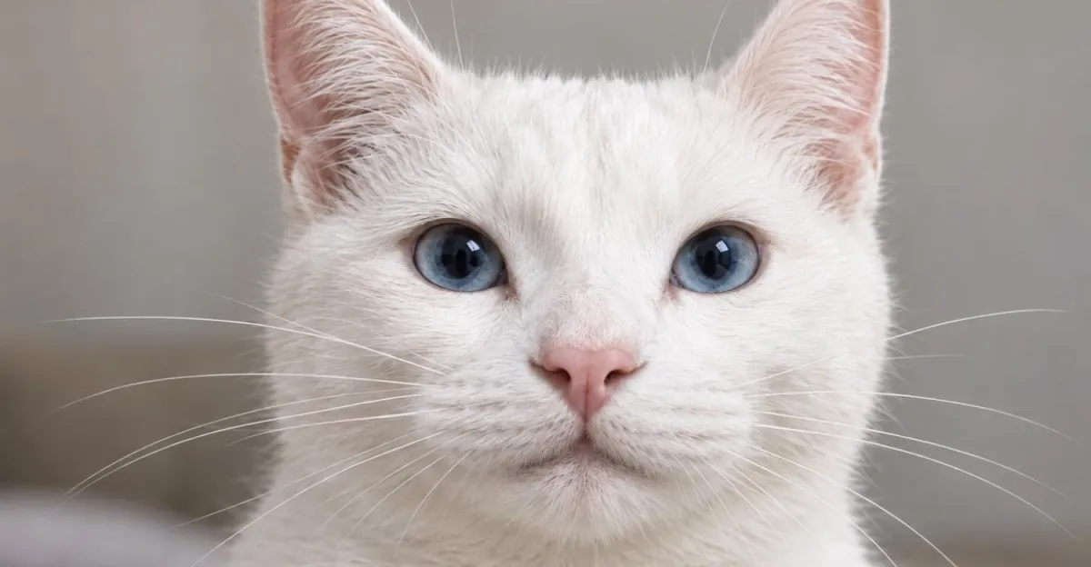 White cat with blue eyes staring directly at the camera against a neutral background.