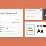 Interface with options for docs, slides, and design on an orange background, includes Q3 launch plan and color palette sel...