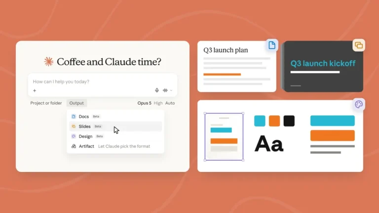 Interface with options for docs, slides, and design on an orange background, includes Q3 launch plan and color palette sel...