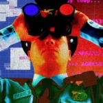 Person in uniform looks through binoculars, surrounded by digital graphics and text on a colorful, pixelated background.