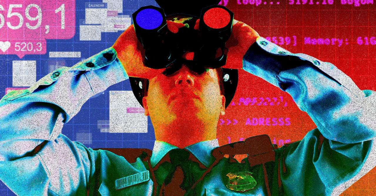 Person in uniform looks through binoculars, surrounded by digital graphics and text on a colorful, pixelated background.