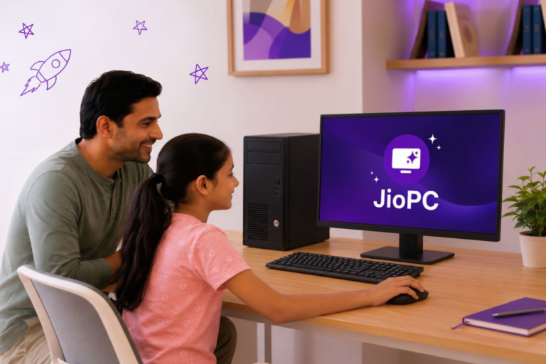 Man and girl using a desktop computer with JioPC logo on screen; purple-themed room with books and plant on shelves.
