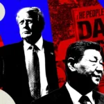 Collage with two political figures, protest sign reading "The People Demand Data Shutdown!" and abstract red-blue background.