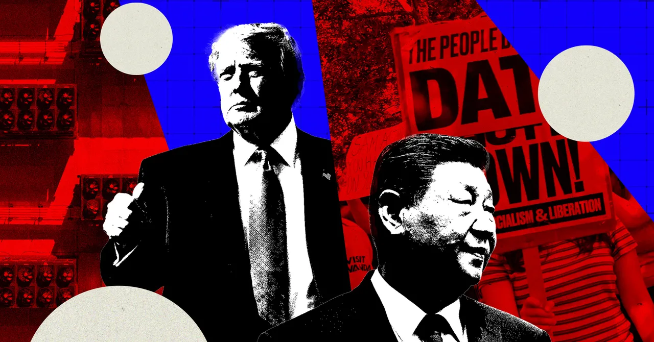 Collage with two political figures, protest sign reading "The People Demand Data Shutdown!" and abstract red-blue background.