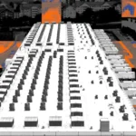 Aerial view of a large data center with rows of cooling units on the roof, overlaid with orange and black geometric patterns.