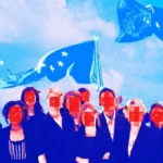 Group of people with pixelated faces, European flags in the background, blue sky with clouds.