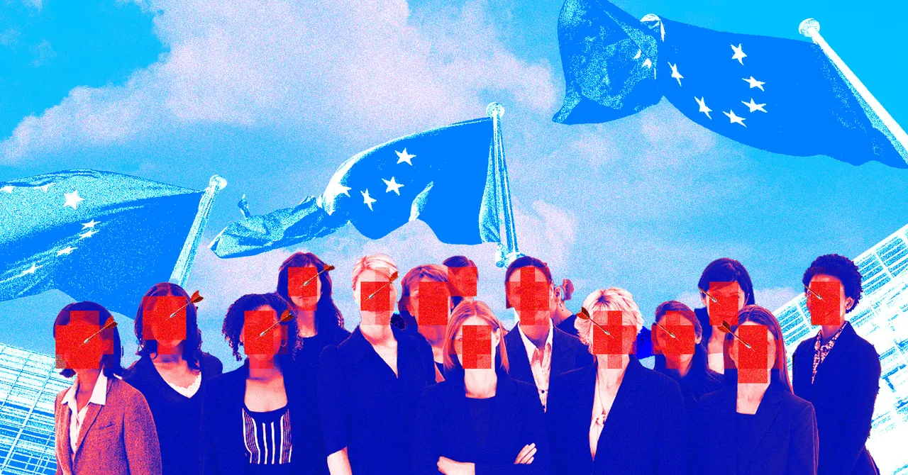 Group of people with pixelated faces, European flags in the background, blue sky with clouds.