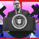 Man in suit behind a podium with New York County District Attorney seal, digital background with black Xs and pixelated gr...