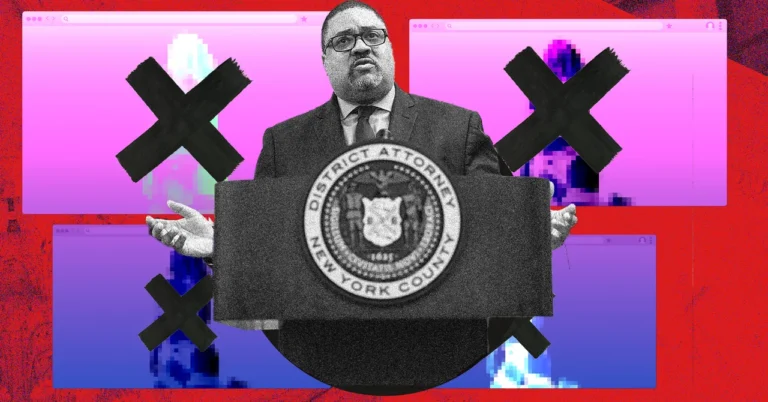Man in suit behind a podium with New York County District Attorney seal, digital background with black Xs and pixelated gr...