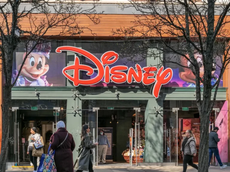 People walking in front of a disney store with large logo and character images on the facade